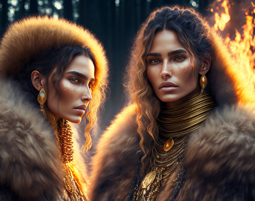 Luxurious women in fur coats and golden jewelry by a fire