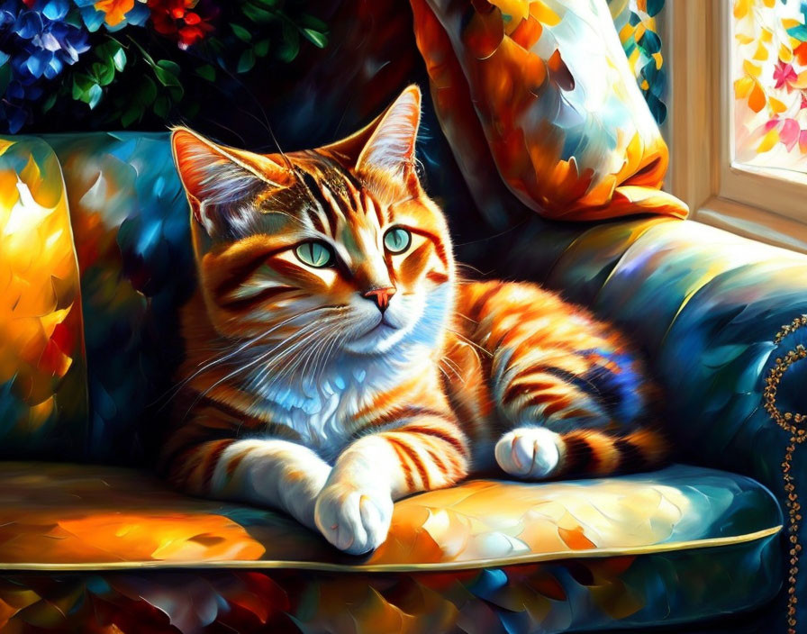 Colorful Painting: Orange Tabby Cat on Sofa with Sunlight and Stained Glass