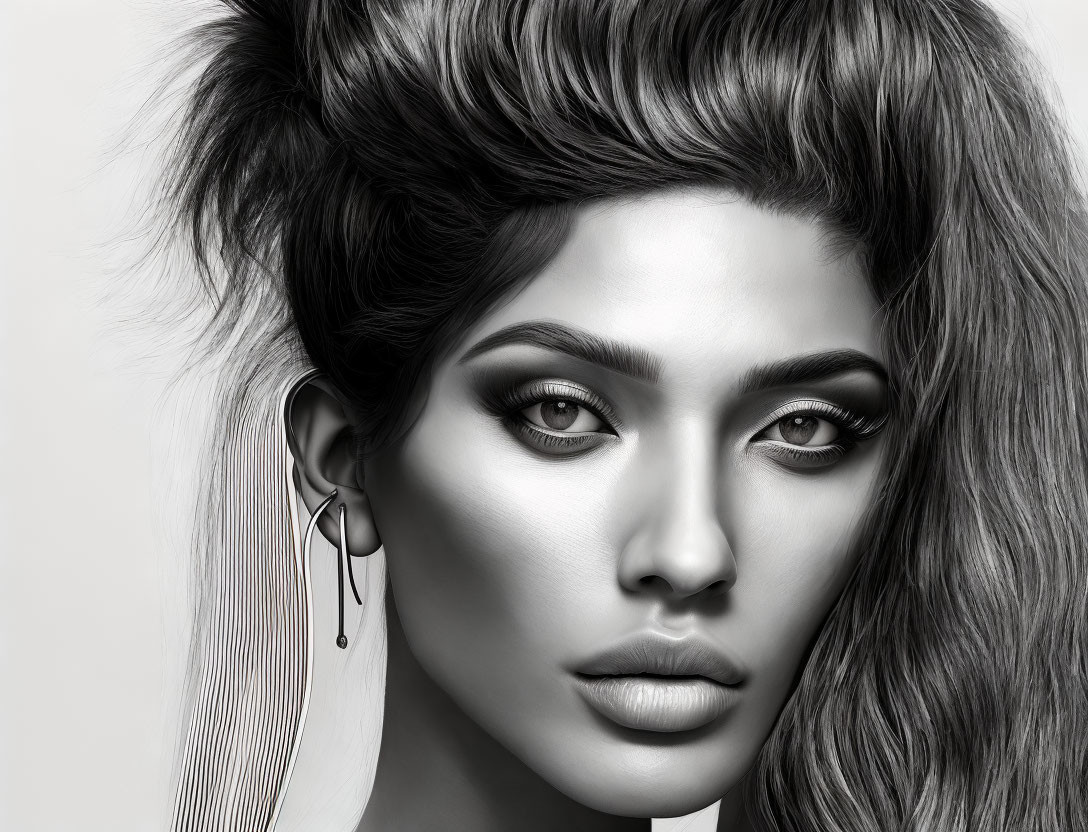 Portrait of woman with striking eyes, voluminous hair updo, and statement earring