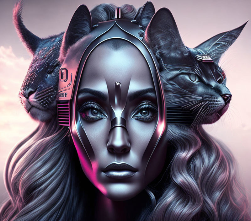 Digital Artwork: Woman with Cybernetic Features and Photorealistic Cats on Pink-Purple Background