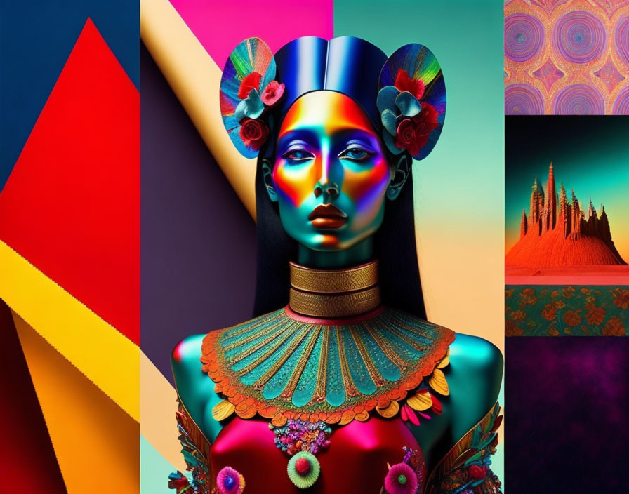 Vibrant digital artwork of stylized woman in ornate attire amid surreal landscapes