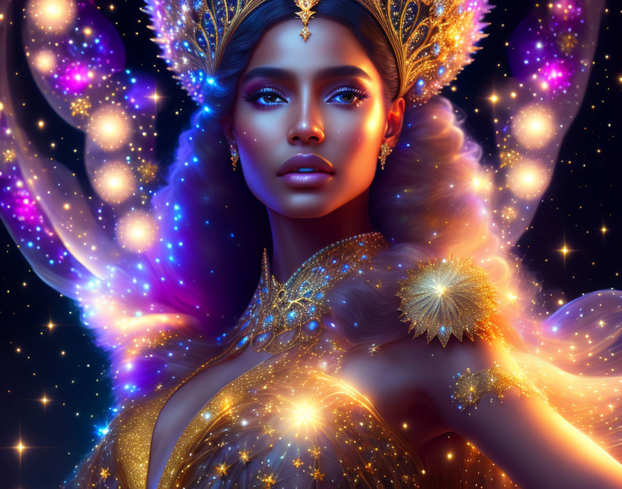 Mystical woman adorned in golden jewelry with cosmic aura among stars and nebulae.