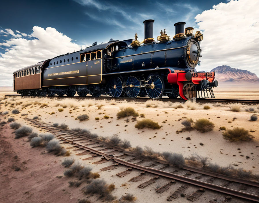 Vintage Steam Locomotive and Passenger Car in Desert Landscape with Cloudy Sky