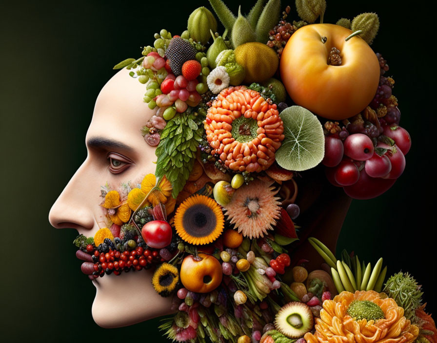 Person's Profile Made of Fruits, Vegetables, and Flowers on Dark Background