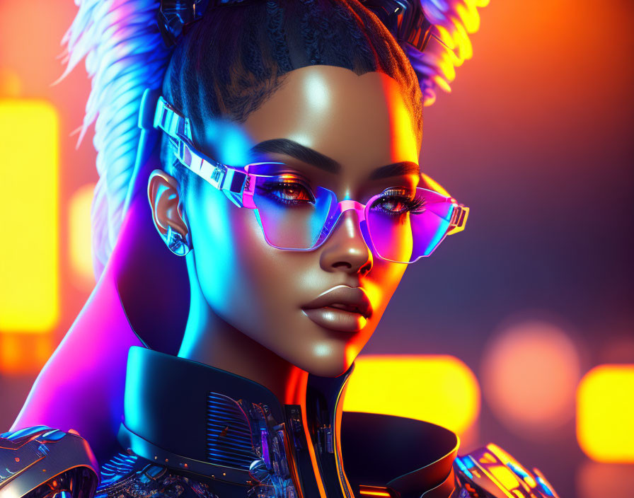 Futuristic female figure with glowing eyewear and cybernetic attire