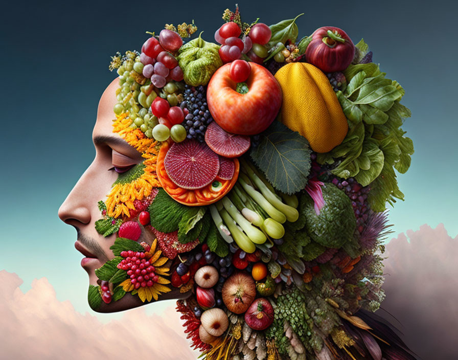 Person adorned with vibrant fruits and vegetables in a bountiful harvest theme