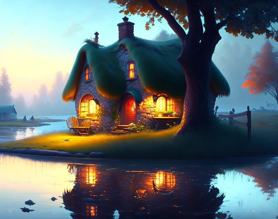 Thatched-Roof Cottage by Tranquil Lake at Twilight