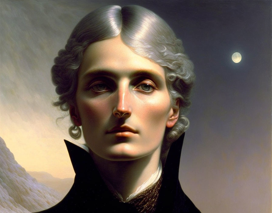 Portrait of Person with Silver Hair and Solemn Expression Against Twilight Sky and Distant Moon