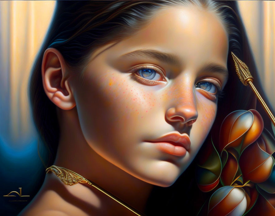 Hyperrealistic Painting: Girl with Blue Eyes and Freckles Holding Golden Paintbrush by Colorful