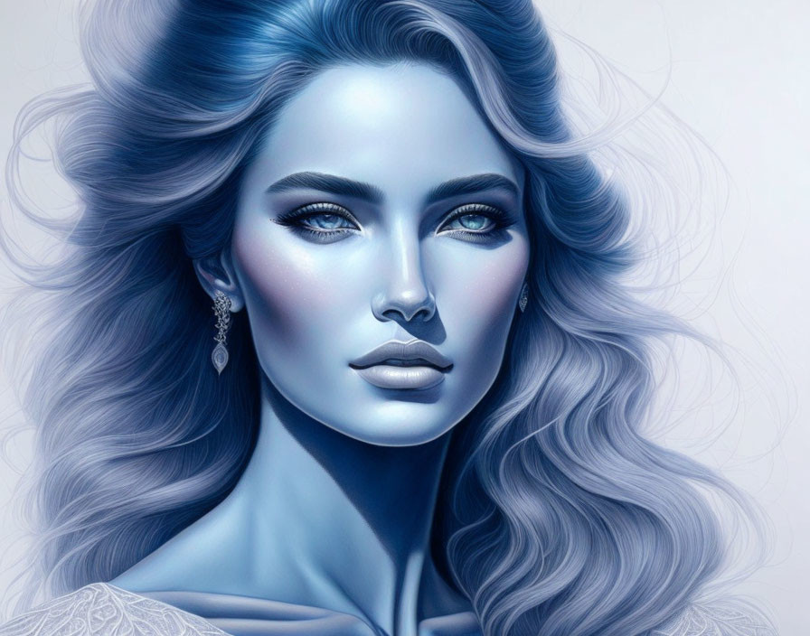 Blue-skinned woman digital artwork with long hair and piercing eyes