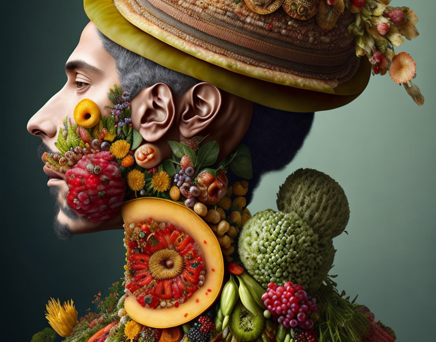 Man's surrealistic portrait with fruit and vegetable beard on dark background