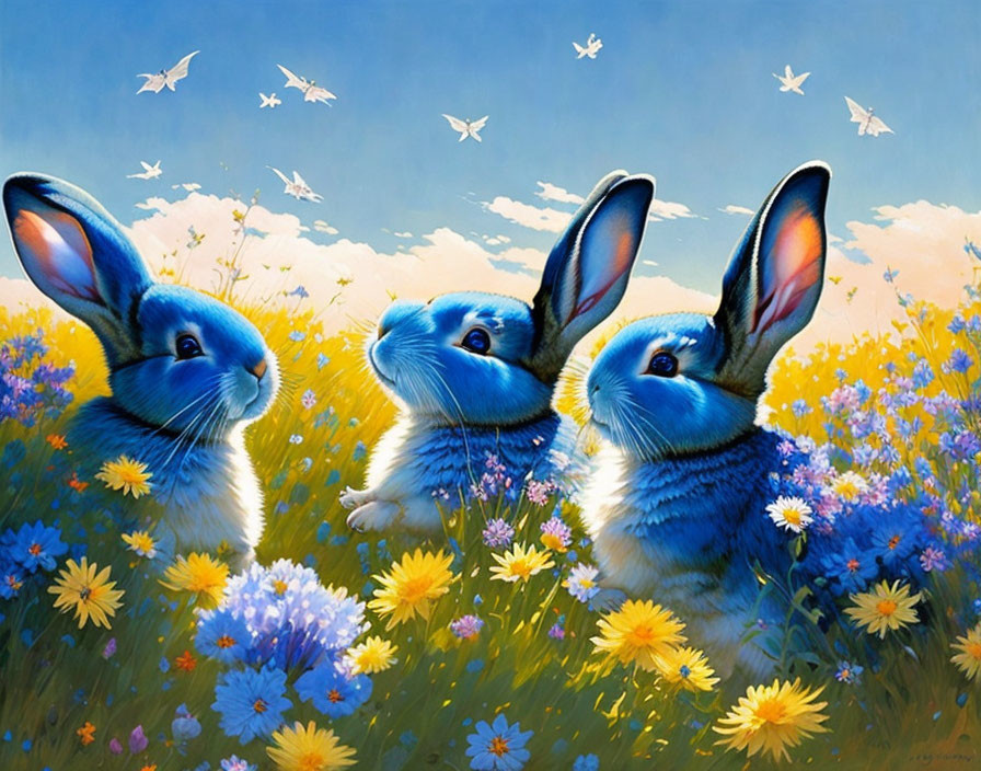 Three rabbits in yellow and blue flower field with birds in sky