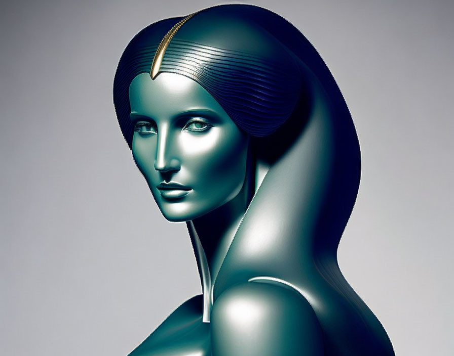 Futuristic female figure with metallic skin and headpiece on gradient background