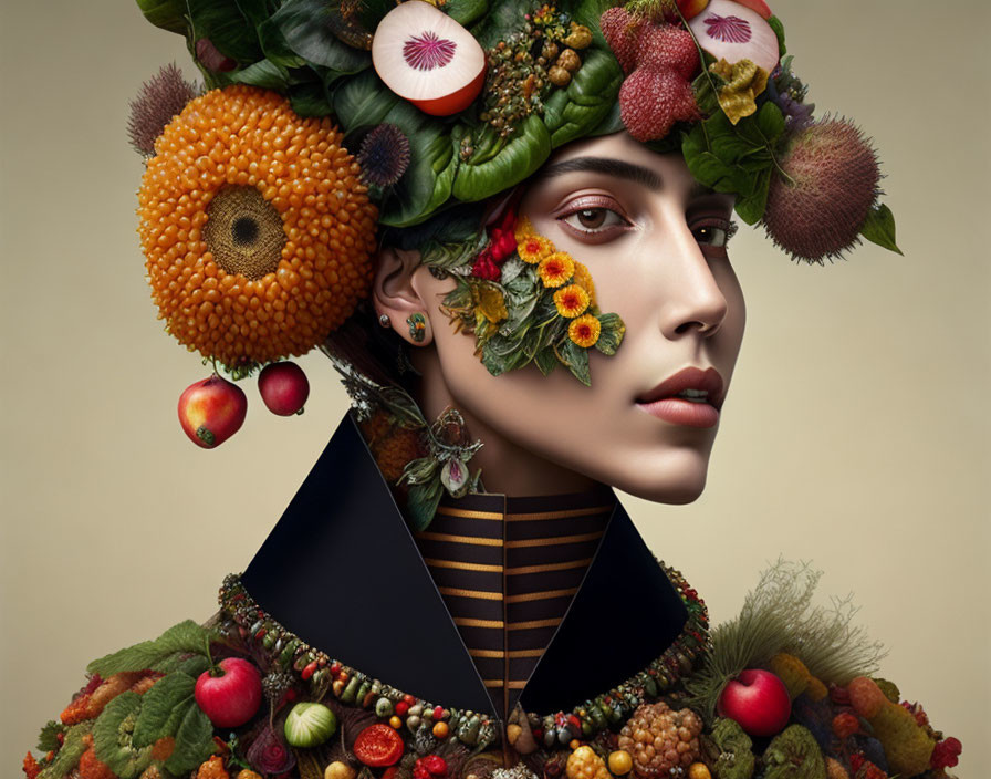 Surreal portrait of person with fruit and flower headpiece and stylish outfit