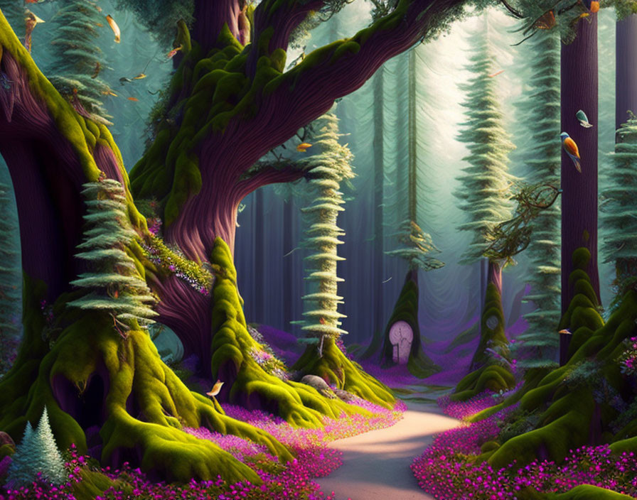 Enchanting forest pathway with moss-covered trees, misty backdrop, purple flowers, and butterflies