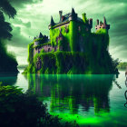 Serene lake, lush greenery, fog, castle on cliff in mystical landscape