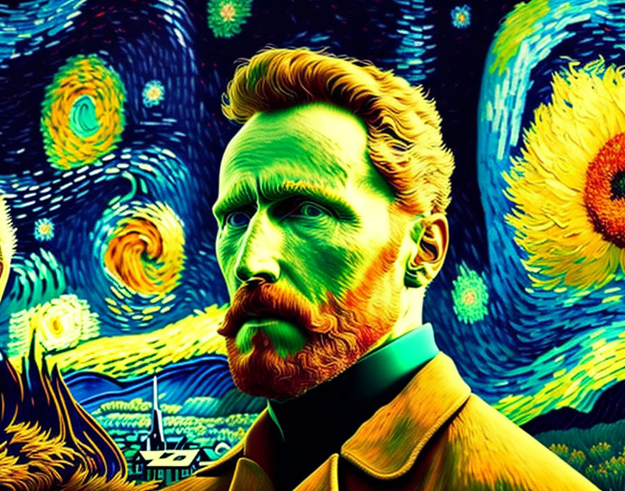 Colorful swirls and starry background in Van Gogh style portrait.