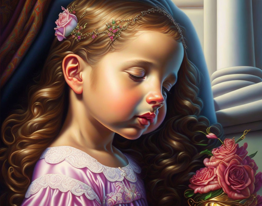 Young girl with curly hair and rose headpiece holding roses in serene digital painting