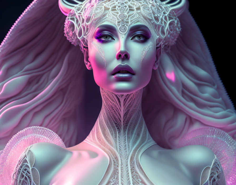 Fantasy 3D-rendered image of female figure with white headpiece and intricate neck ornamentation