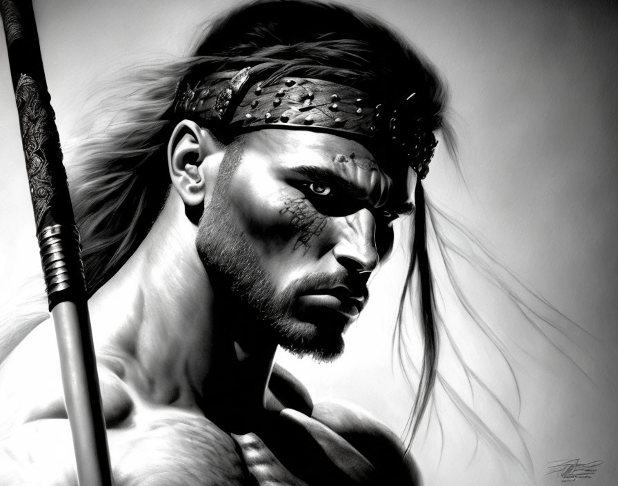 Muscular warrior with headband and spear in monochrome art