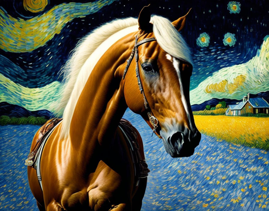 Palomino horse in Starry Night-inspired backdrop with swirling sky and quaint house