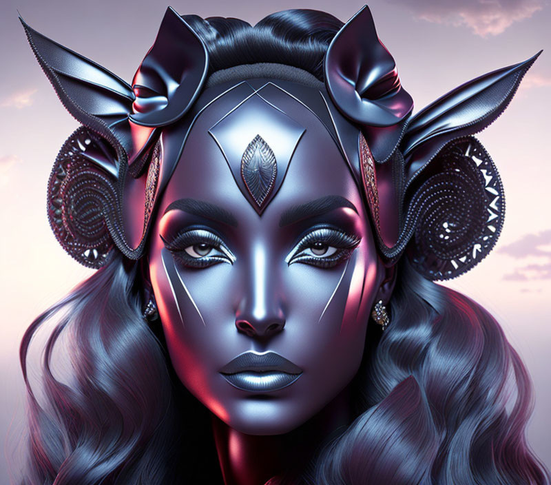 Digital portrait of female figure with metallic skin, horn-like hair accessories, intricate earrings, and mystical leaf