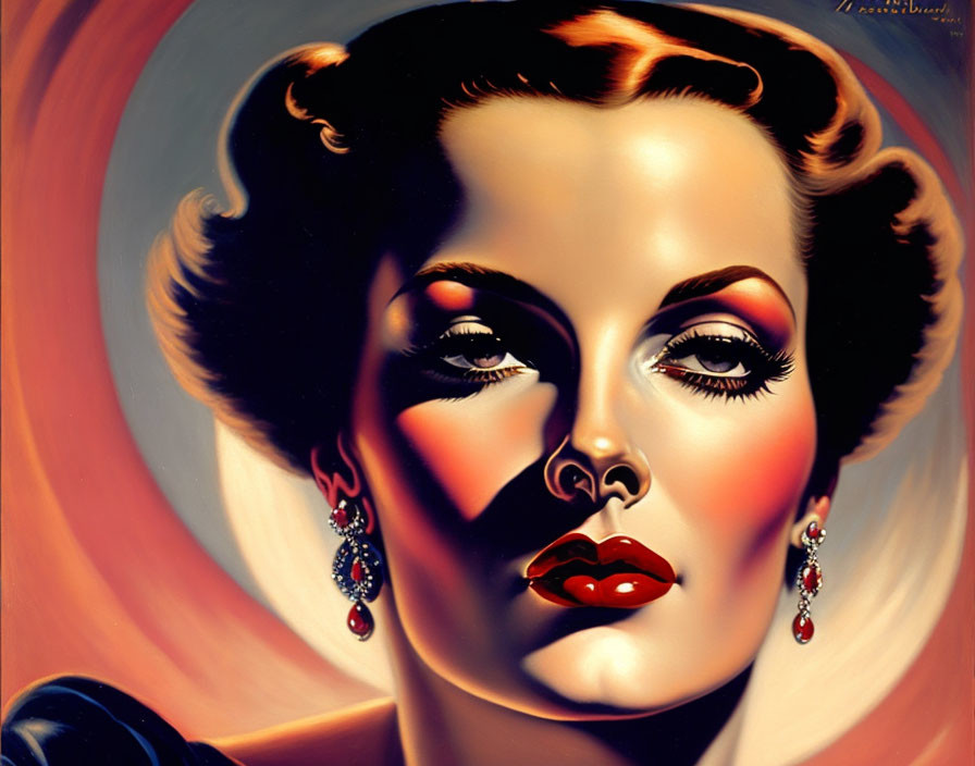 Classic Portrait of Woman with Glamorous Makeup and Red Lips