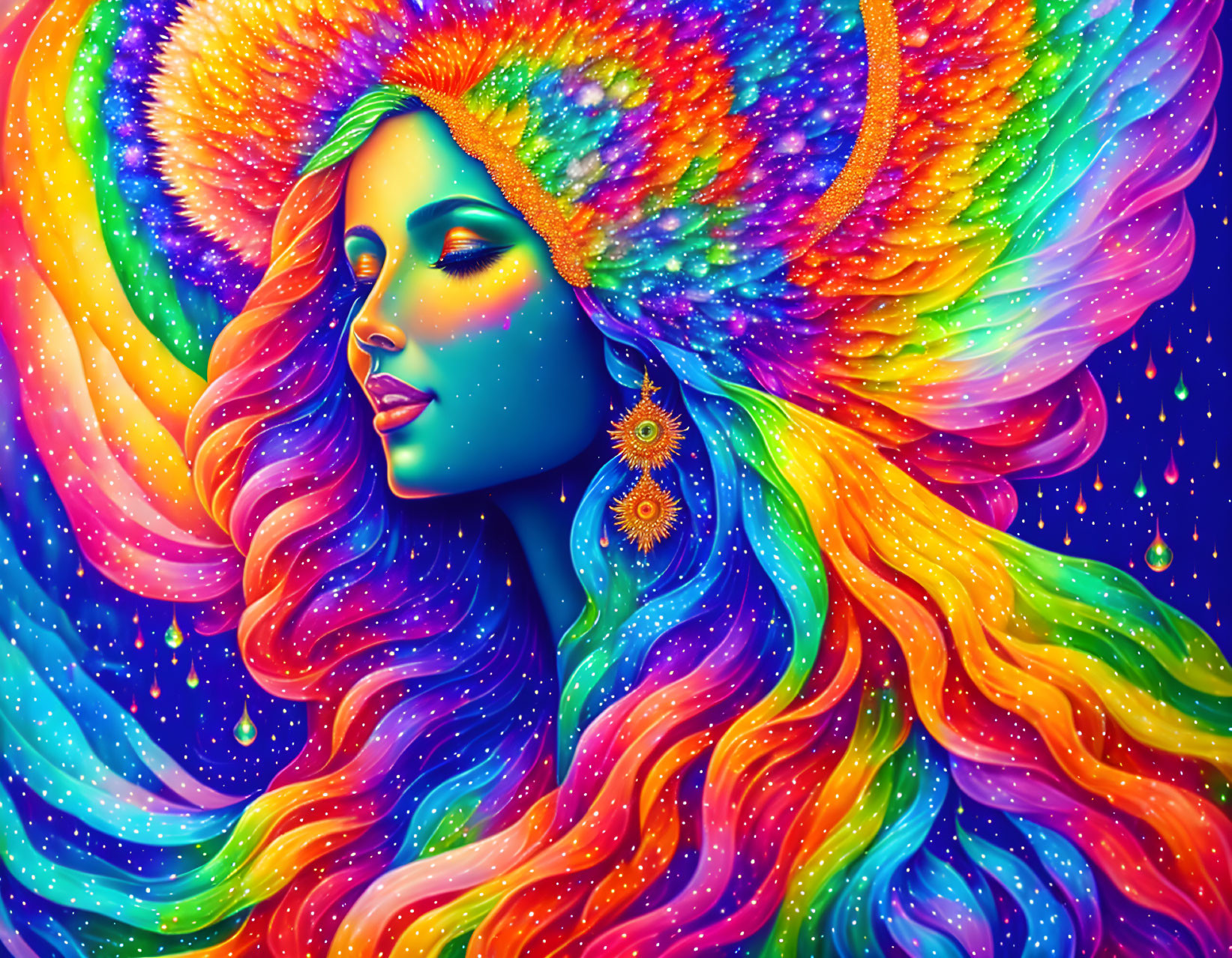 Colorful digital art: Woman with flowing hair in cosmic backdrop