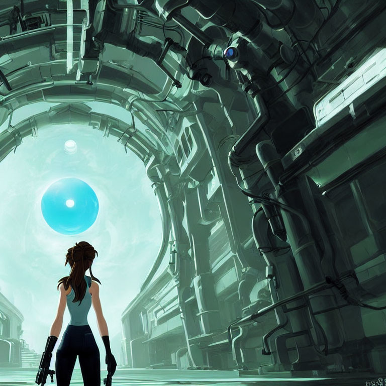 Woman in gloves in futuristic hallway with robotic arms and glowing sphere.