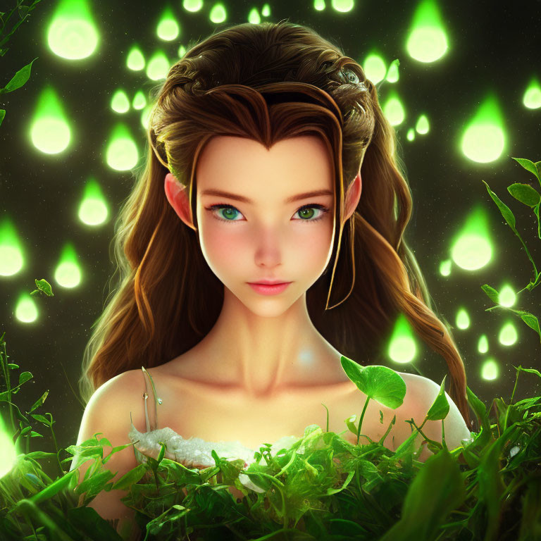 Digital illustration: Mystical female with braided hair and green eyes in enchanted forest.