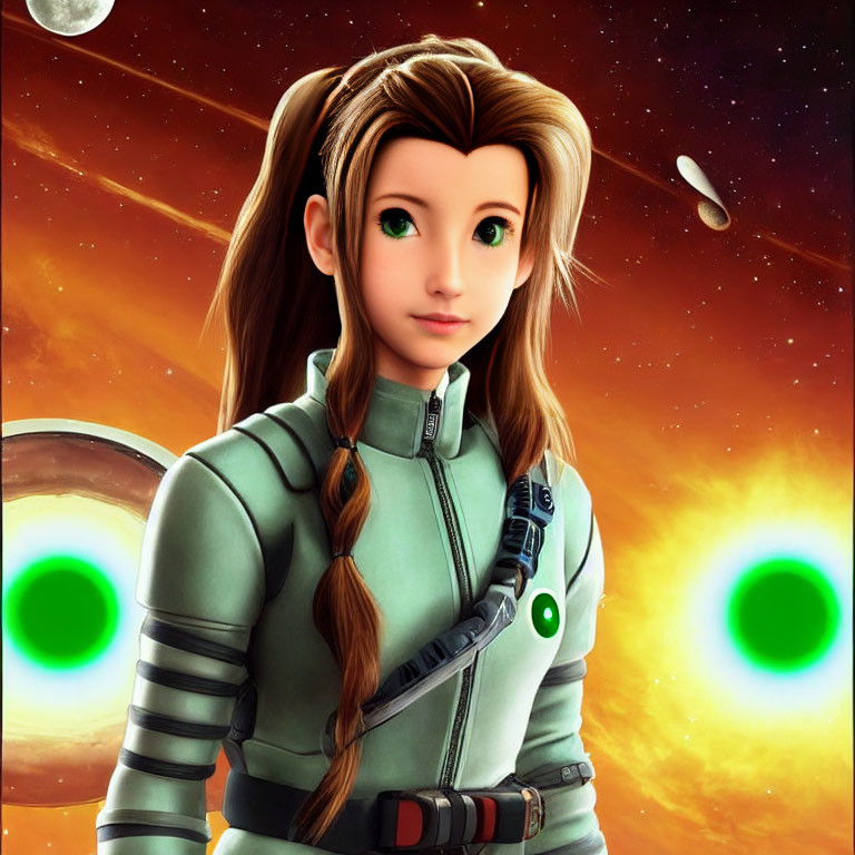 Digital artwork featuring female character in green space suit with brown hair, set against cosmic backdrop.