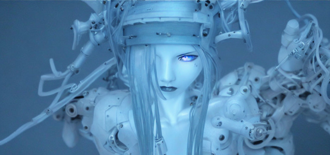 Detailed futuristic female robot with bright blue eyes in cool-toned setting