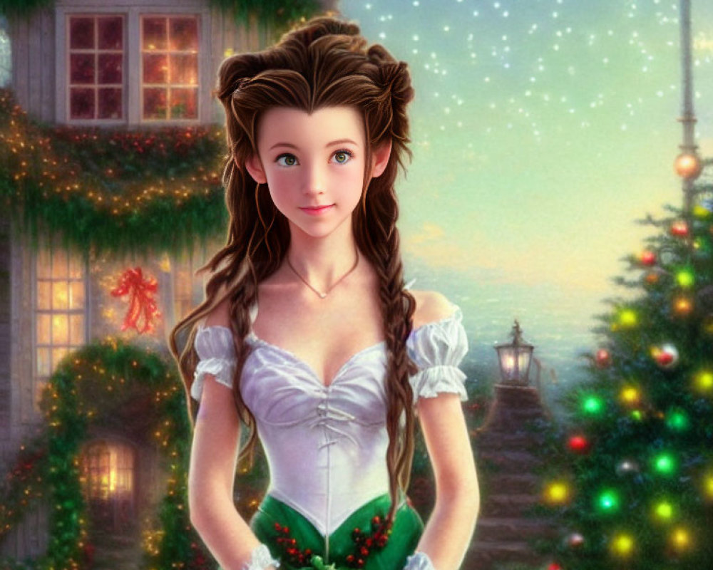 Young girl with brown hair in braids in green and white dress, Christmas-themed digital art.