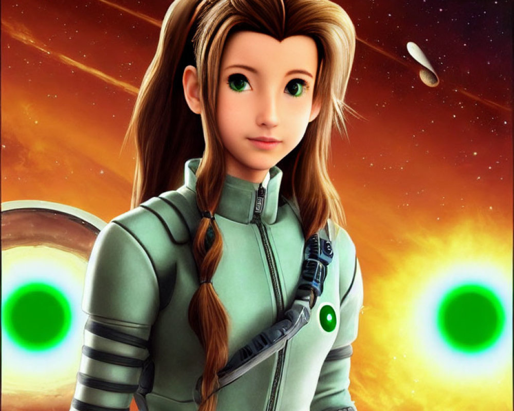 Digital artwork featuring female character in green space suit with brown hair, set against cosmic backdrop.