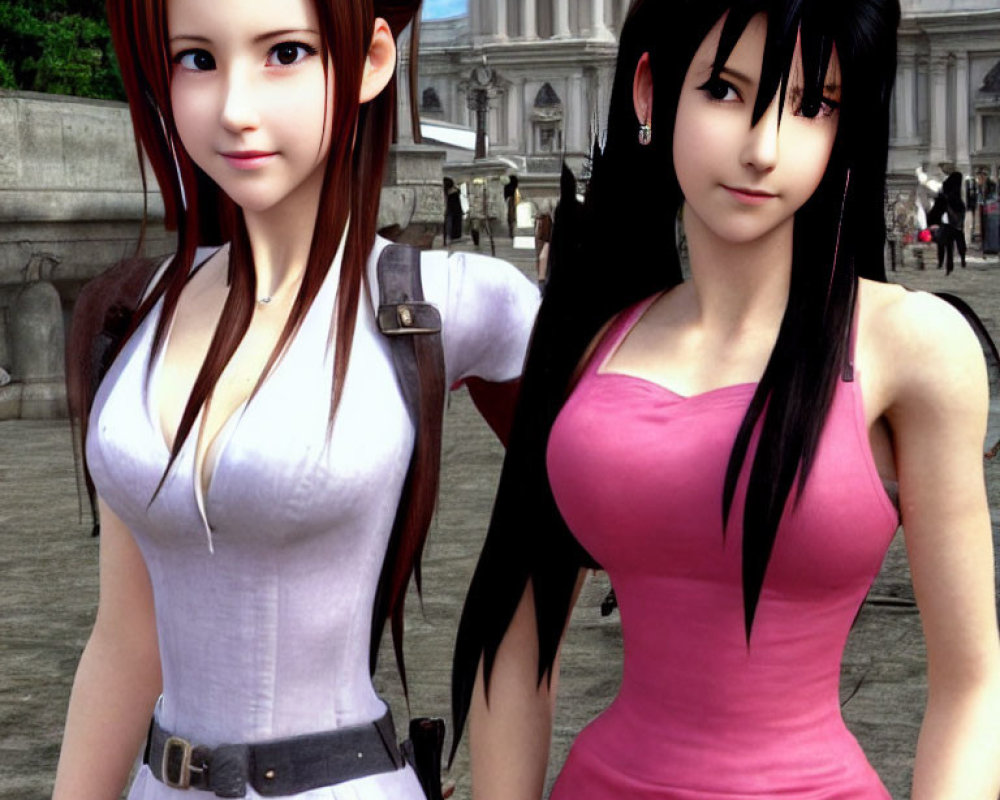 Two female animated characters in white and pink outfits in front of a classical building