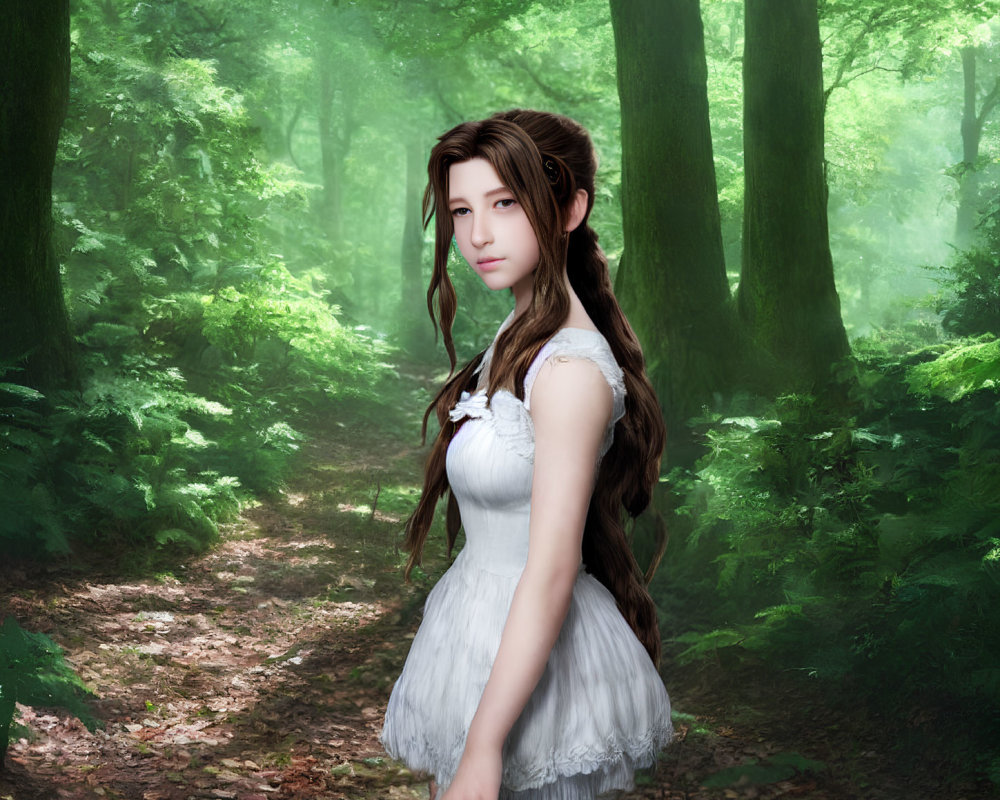 Young woman in white dress standing in lush green forest with sunbeams.