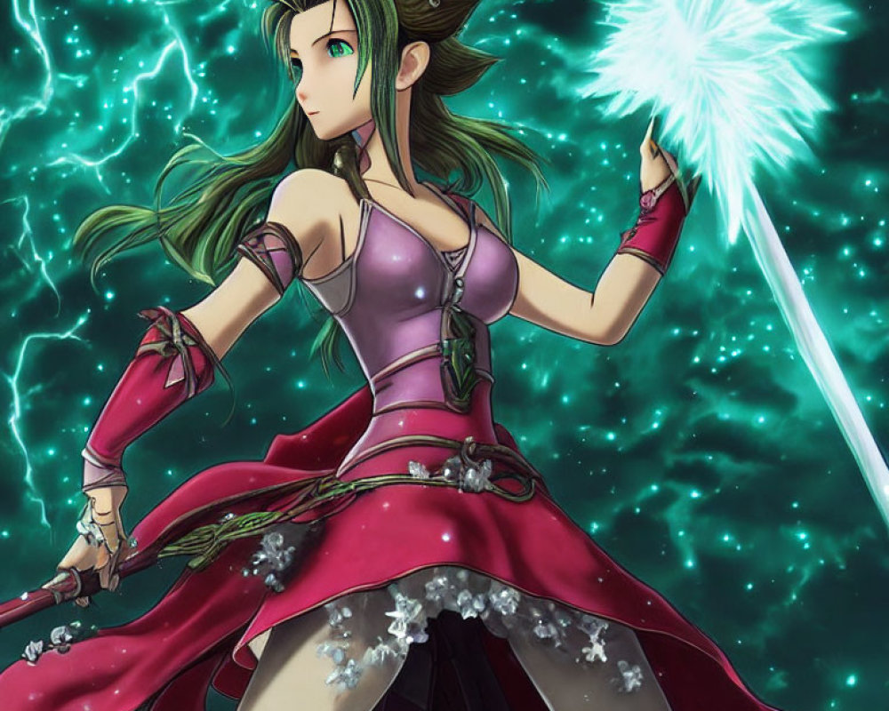 Green-haired female anime character in purple dress wields glowing staff with crackling energy.