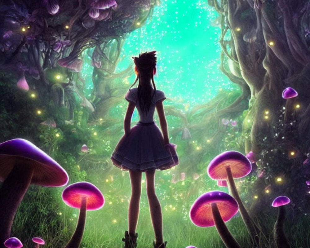 Enchanting forest scene with glowing mushrooms and bright light