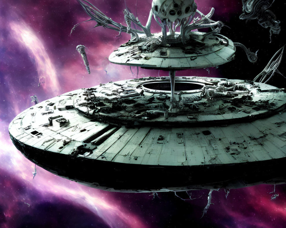 Detailed futuristic saucer spaceship with intricate design and smaller craft against a purple cosmic backdrop