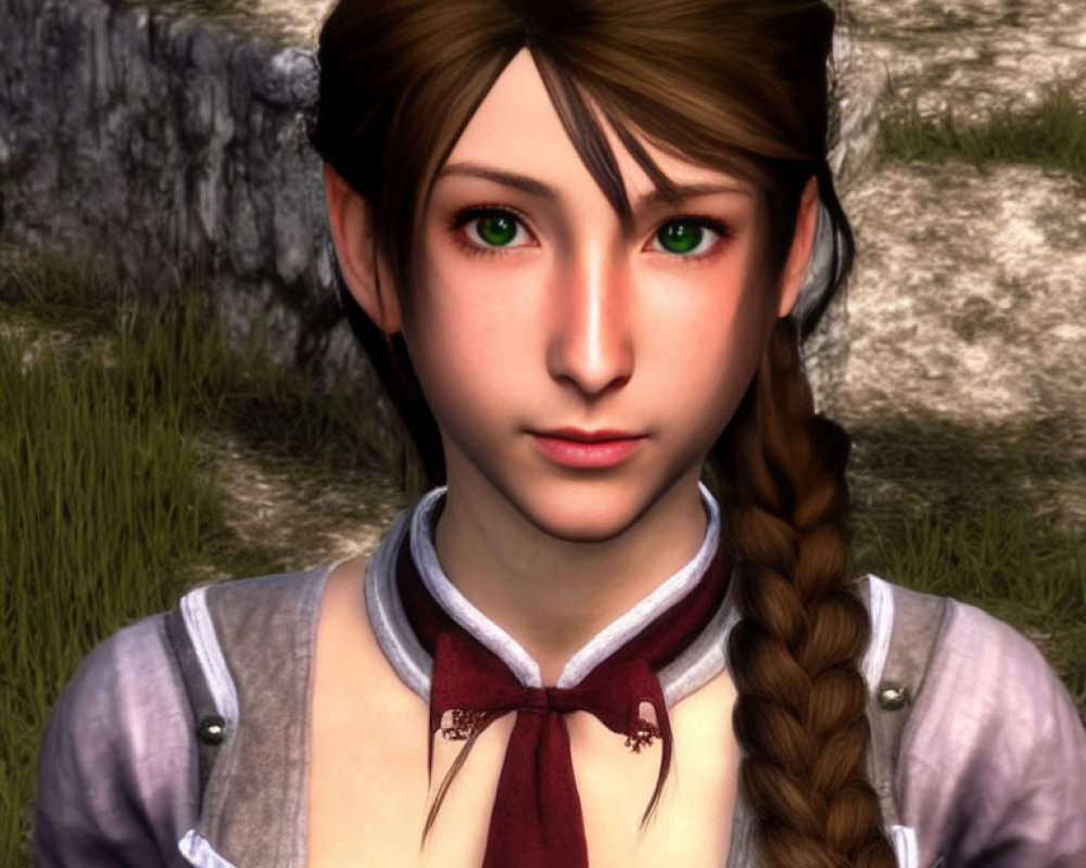 Close-up of 3D-animated female character with green eyes and side braid in traditional outfit