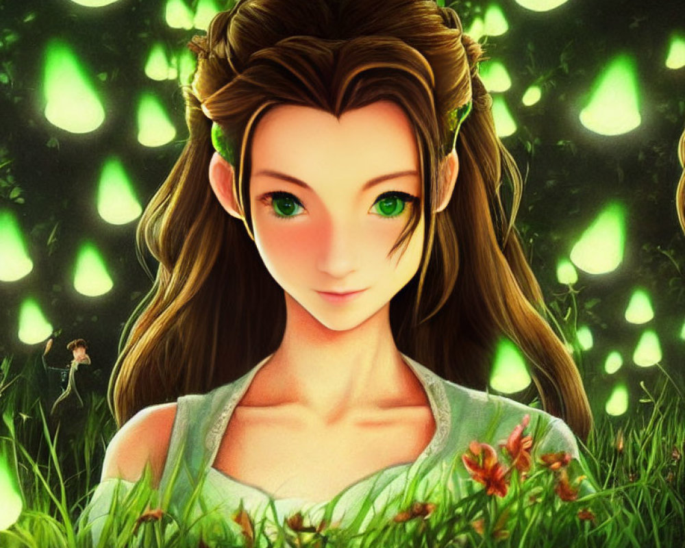 Female character with braided hair in forest setting with glowing lights