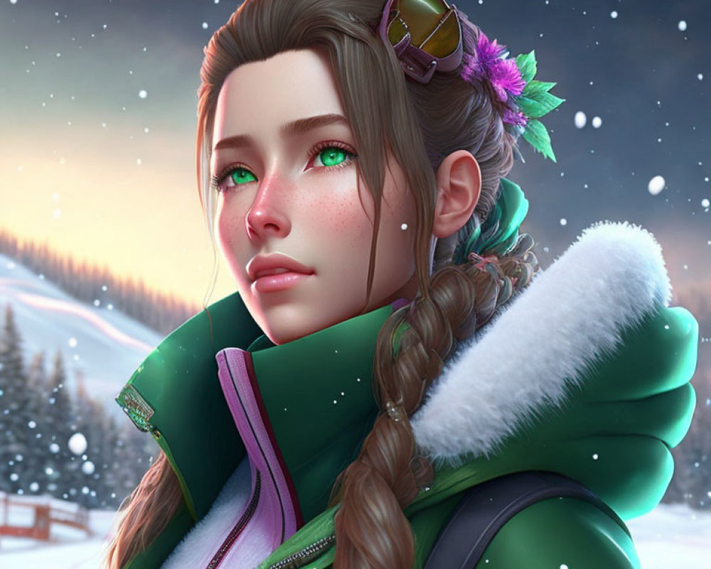 Digital artwork: Woman with braided hair, green eyes, green winter coat, snowy landscape