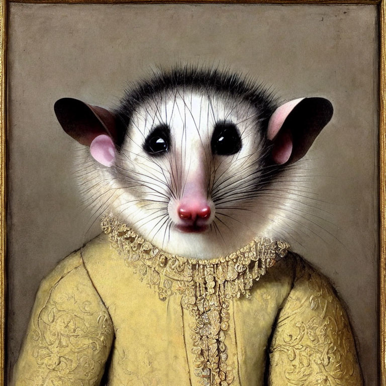 Hyperrealistic Painting of Opossum in Human-Like Attire