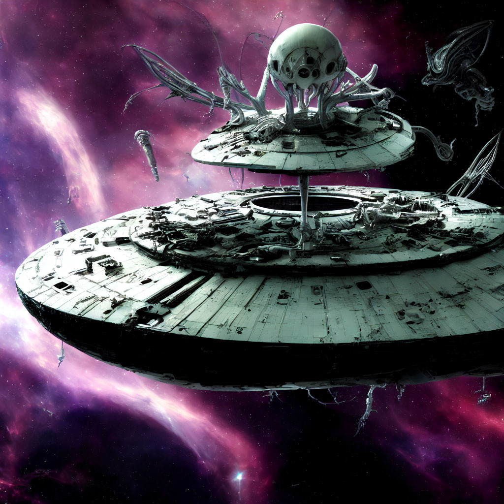 Detailed futuristic saucer spaceship with intricate design and smaller craft against a purple cosmic backdrop