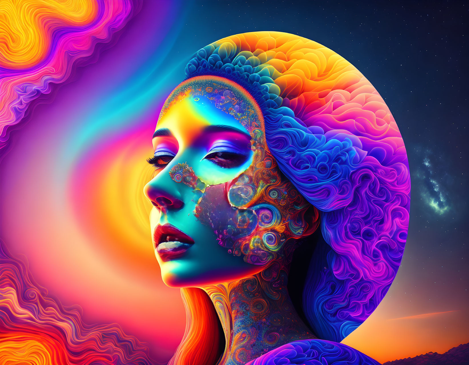 Colorful digital artwork: Woman's profile with cosmic background and intricate skin patterns.