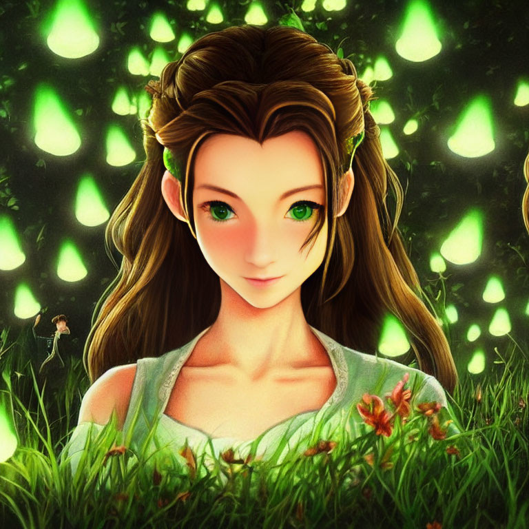 Female character with braided hair in forest setting with glowing lights