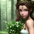 Young woman with brown hair in green dress, surrounded by flowers and fireflies in a magical forest with