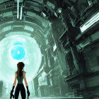 Woman in gloves in futuristic hallway with robotic arms and glowing sphere.
