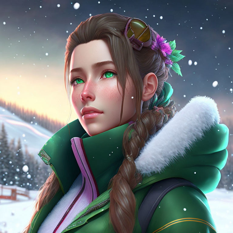 Digital artwork: Woman with braided hair, green eyes, green winter coat, snowy landscape