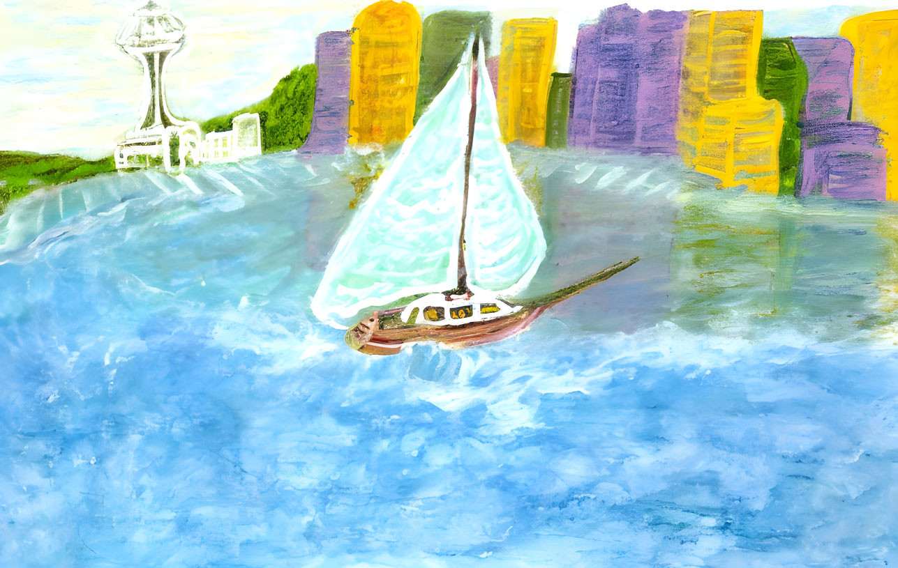 Vibrant sailboat painting with futuristic cityscape.